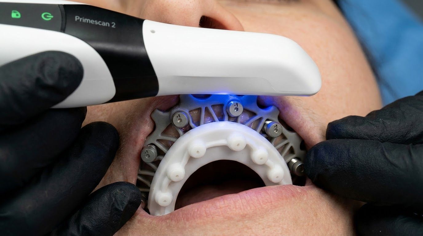 Sistema SPYDER conectado a los scanbodies durante el escaneado intraoral