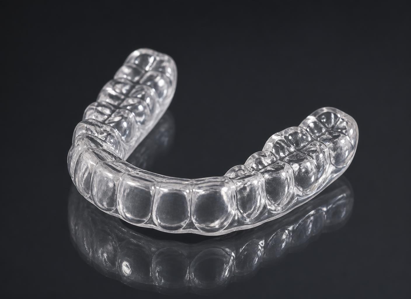 Férula de descarga transparente fresada sobre fondo oscuro de estudio dental